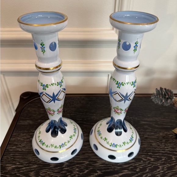 Vintage Pair CZECH BOHEMIAN Cut to Blue Glass Candlesticks